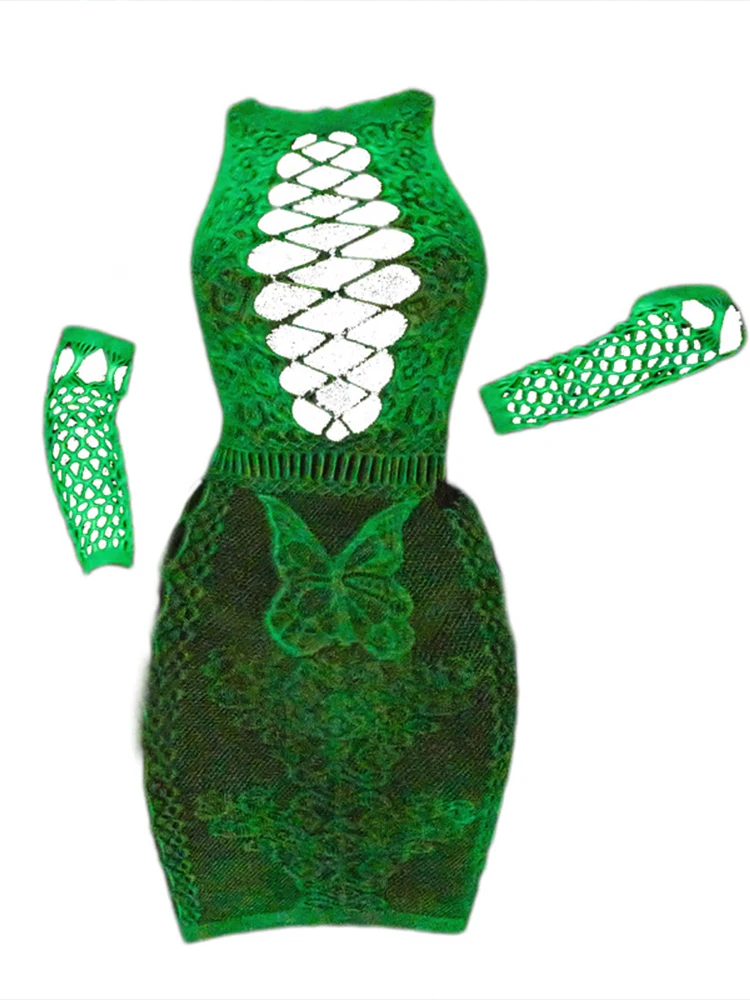 Mini robes moulantes en résille avec gants, ultra mince, brillant dans le noir, motif papillon, découpe, brillant, léger, sexy