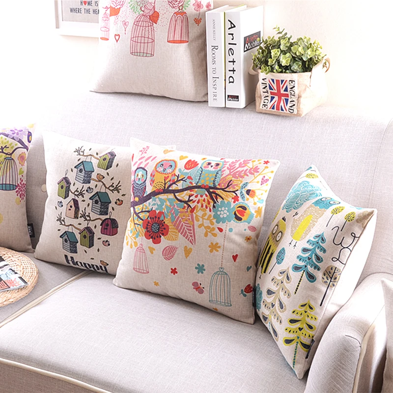 Country Simple Pillow Lumbar Cushion Office Seat Bedside Cushion Flower and Bird Sofa Cotton and Linen Pillow Pillow Cases