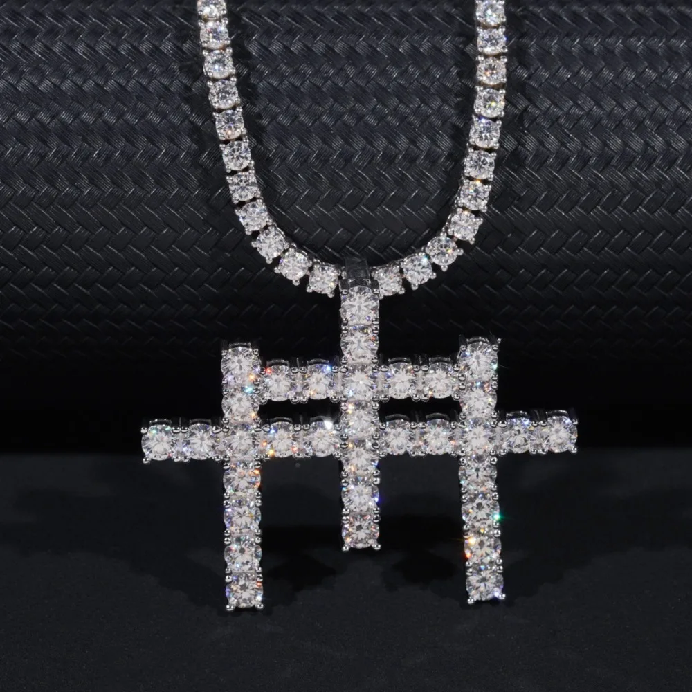 Collar de tenis para hombre de plata 925 chapado en oro de 16k, con colgante de tres cruces de moissanita color D estilo Iced Out, estilo Hiphop, pasa el probador