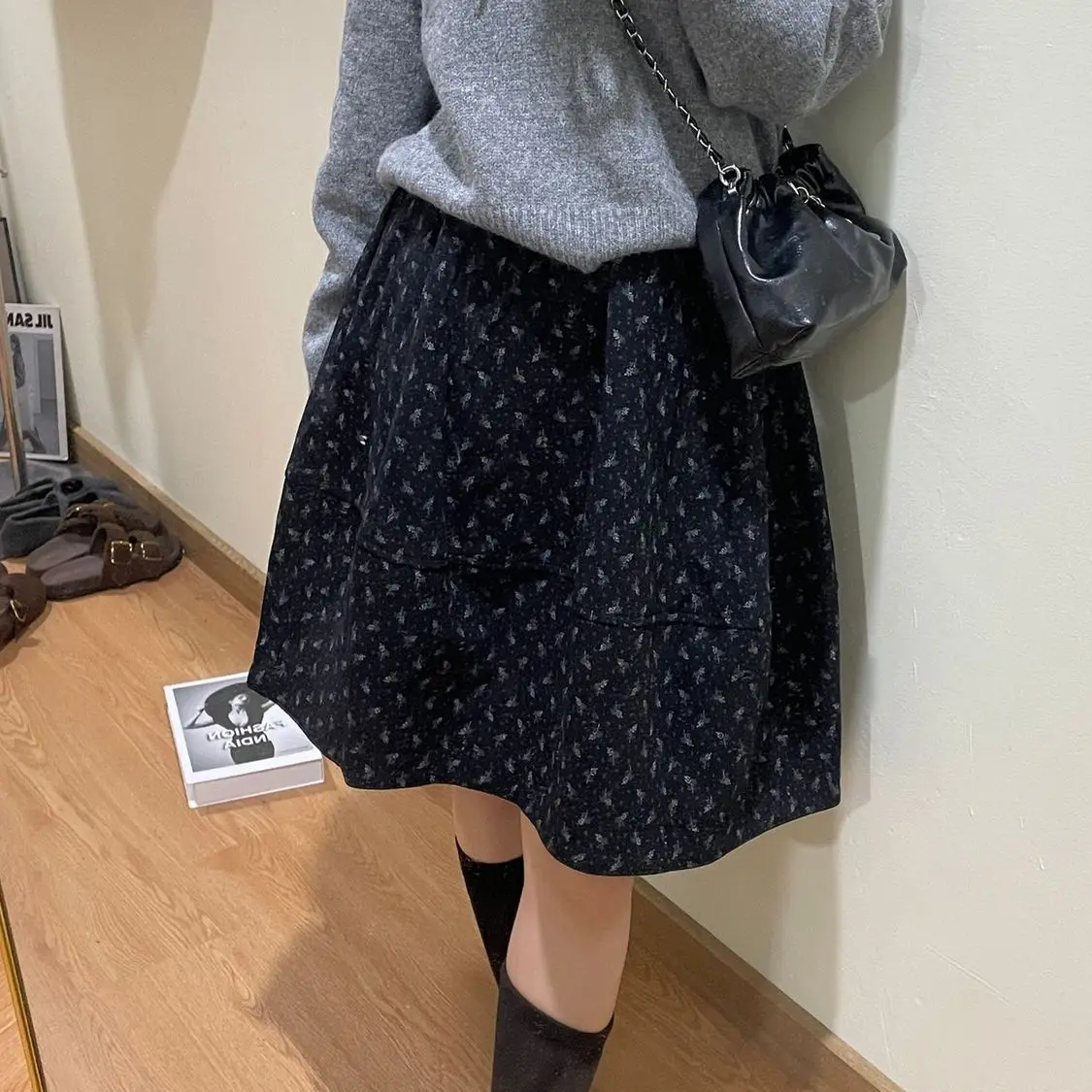 Floral skirt woolen 2025 new bud autumn and winter Korean sweet temperament high waist versatile skirt