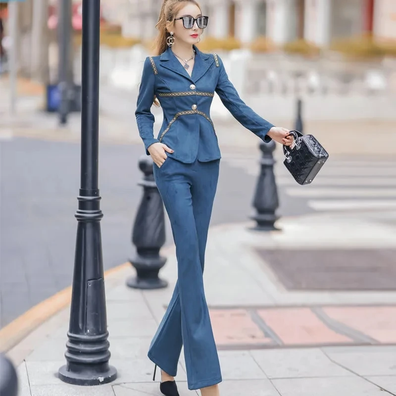 

2022Women's Two-Piece Sets Autumn Professional Temperament Slim Jacket + Flared Trousers Suits Female