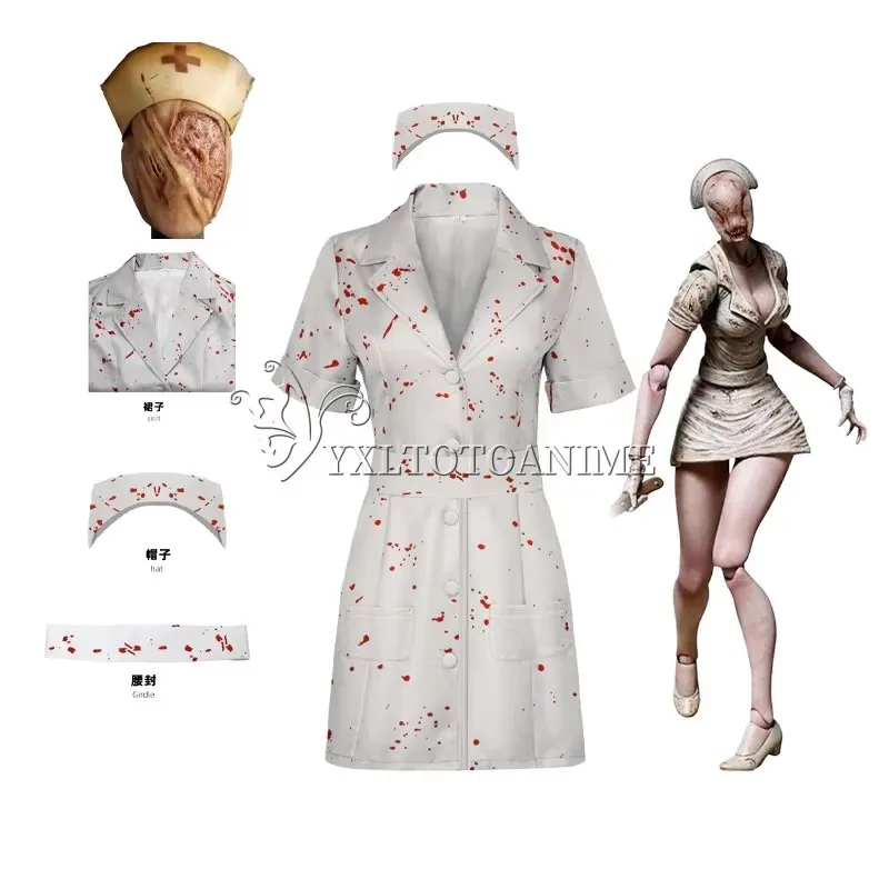 Movie Silent Hill Cosplay Costume Nurse White Bloodstained Belt Hat And Mask Uniform Halloween Fancy Halloween Dress for Woman