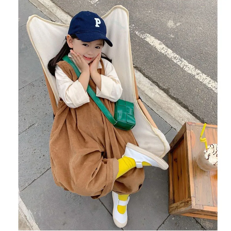 2022 Spring Strap Long Pants Autumn Loose Casual Pants Girls Baby Wide Leg Pants Retro CoffeeColor Corduroy Overalls Fashion