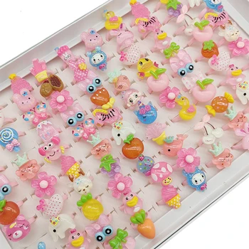 50/100pcs/Lot Factory Mix Style Lovely Child Finger Rings for Children Open Adjust Design Resin Apple Cute Rabbit Ice Cream Kids