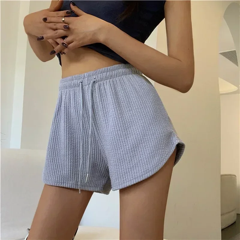 Women Shorts Summer High Elastic Lace Up Drawstring Wide Leg Sweat Fitness Running Shorts Loose Casual Large Sports Pants