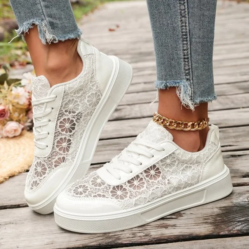 Zapatillas Deportivas de Mujer con Cordones y Encaje Floral, Transpirables, de Malla, Plataforma, Color Blanco
