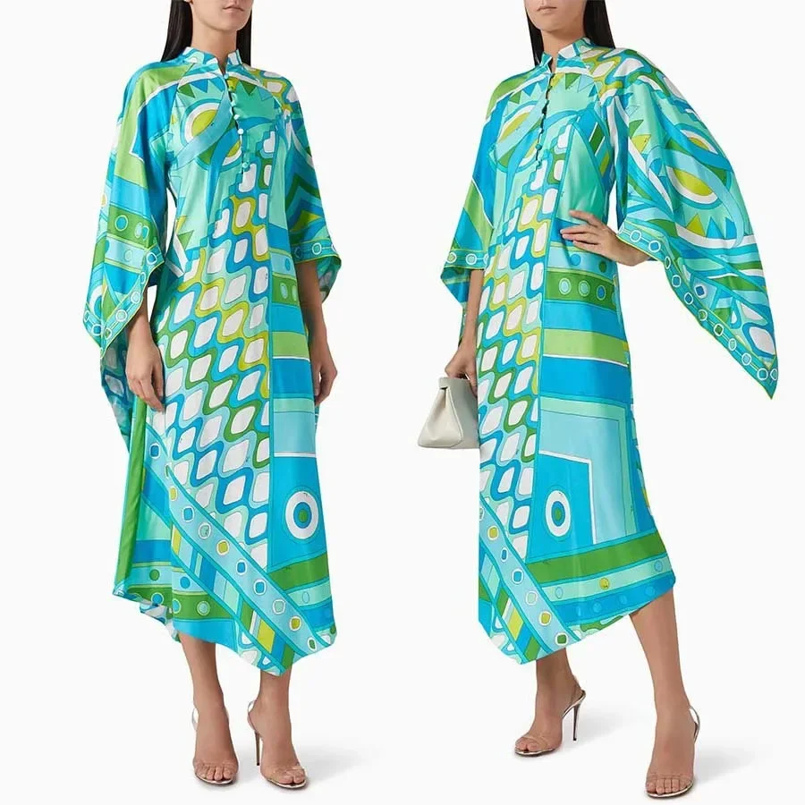 شتاء جديد ملابس منقوشة بكم طويل المرأة فستان ماكسي طويل الخريف الوقوف طوق فستان فضفاض للحفلات