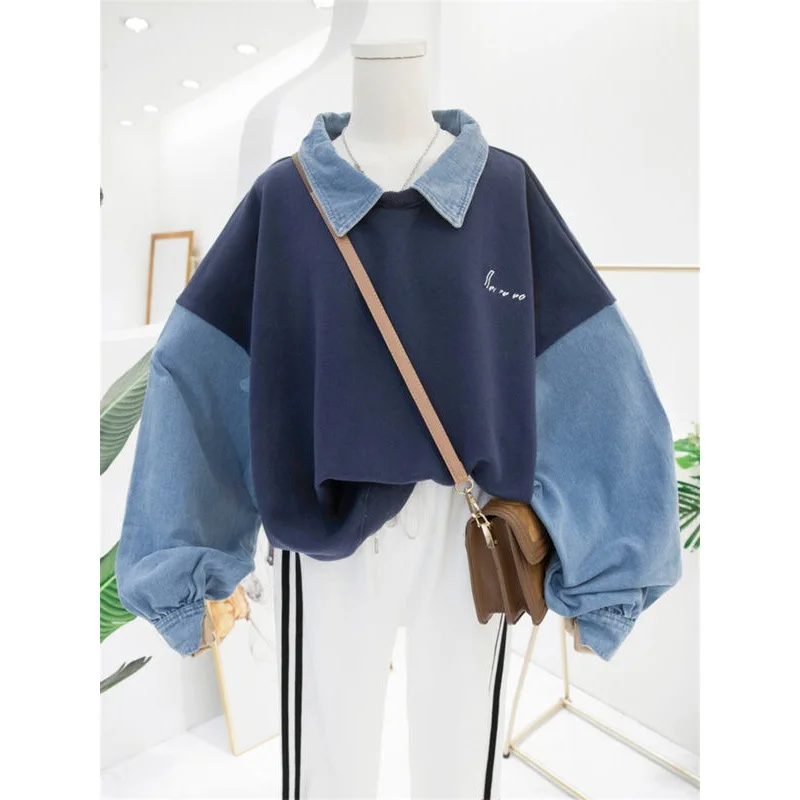 FAVRE Denim Stitching Sweatshirts Polo Lapel Contrast Pullovers Women Spring Autumn Thin Hoodies Korean Version Casual Ins Tops