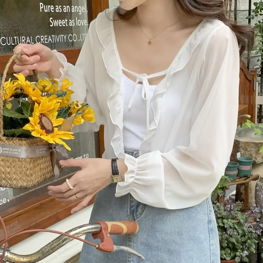 

Long Sleeves Wrapped Female Wraps Sun Protection Cape Chiffon Lace Cardigan Korean Style Shawl Short Top Coat Sunscreen Shawl