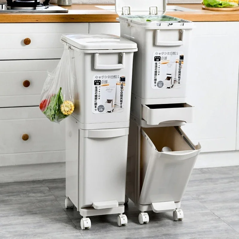 Kitchen trash can, household use, with lid, large capacity, double-layer, dry and wet separation, classification, thickened
