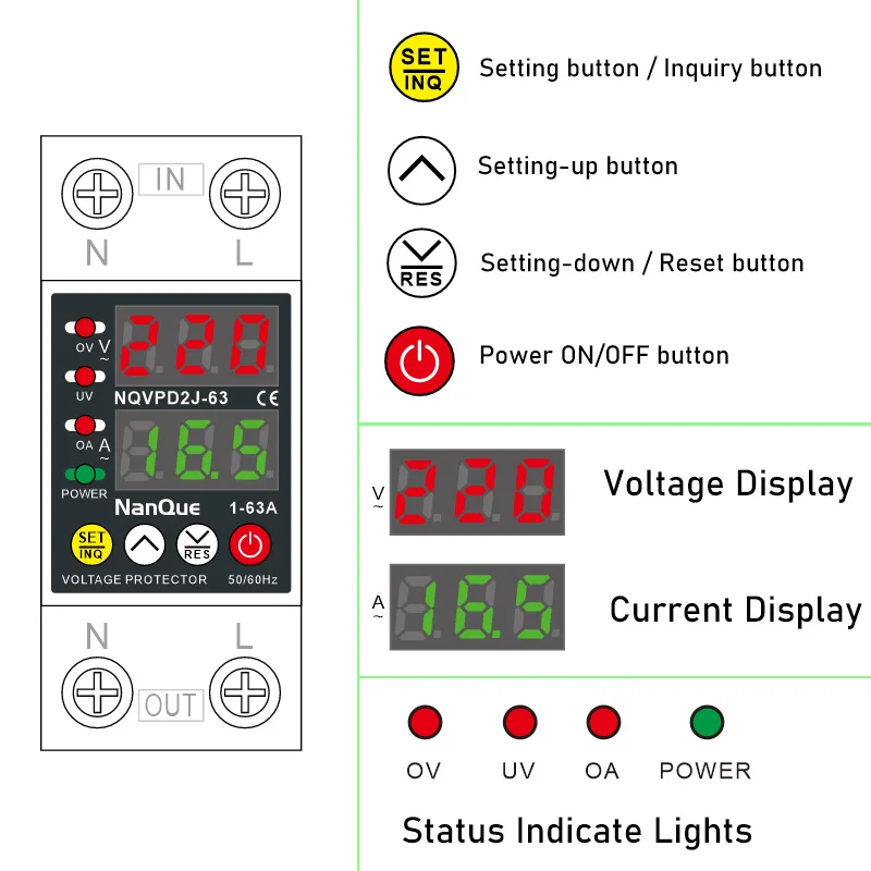 Ajustable Voltage Protector AC110V 220V 50/60Hz Automatic Recovery Settable Current Protector 1-63A Voltage Current Meter