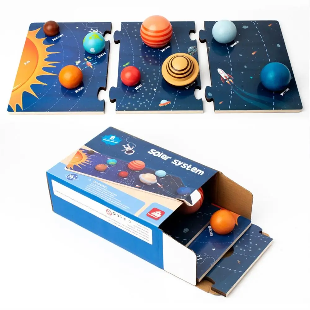 3D Wooden Solar System Puzzle Toy Eight Planets Universe Cognition Planets Matching Board Early Education Smooth-edges