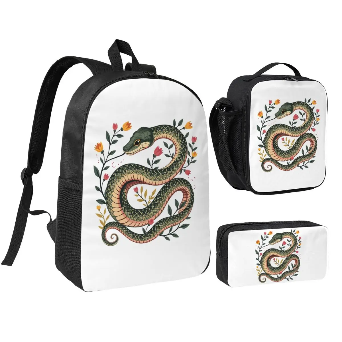 Botanical Serpent Nature Inspired Backpack Student BookBag School Bag Shoulder Bags 3ps Insulated Lunch Bag Pencil Case