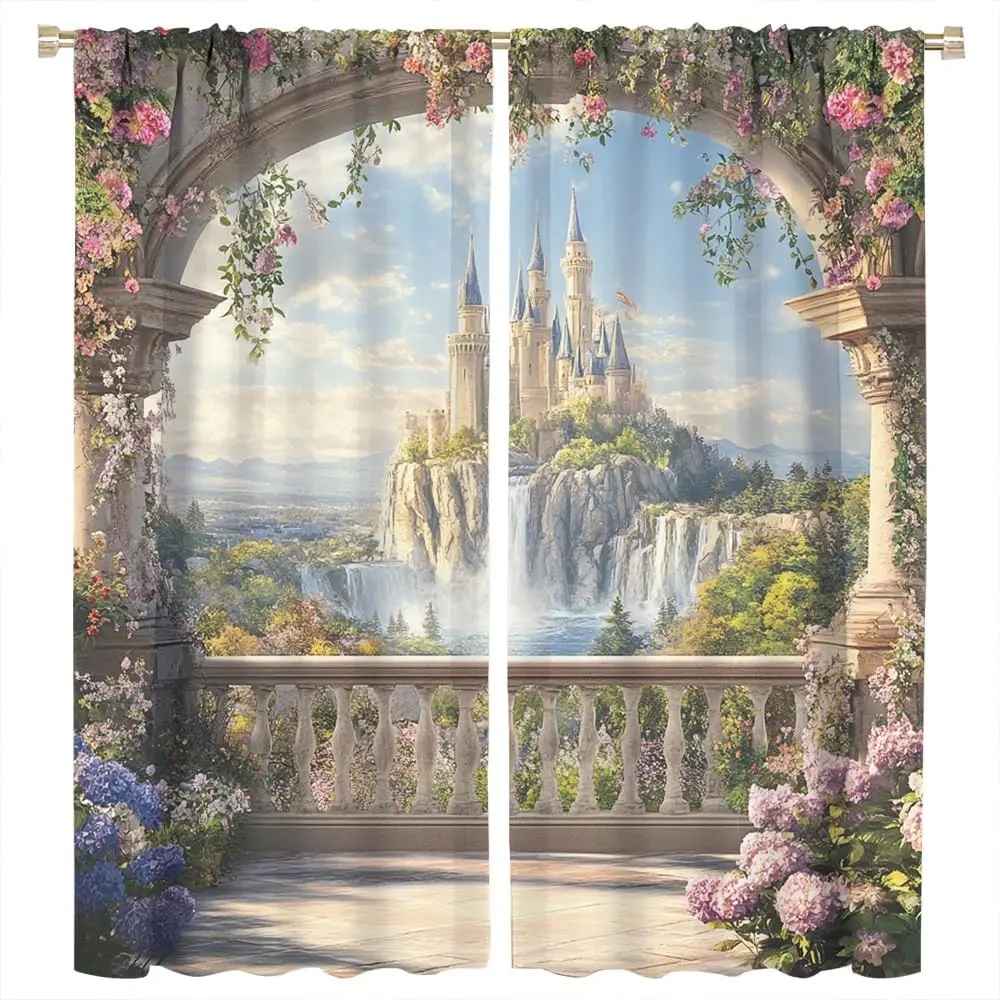 Retro Castle Landscape Window Treatment Curtain, Nature Waterfall Flower River Blackout Rod Pocket Windows Door Drapes Bedroom