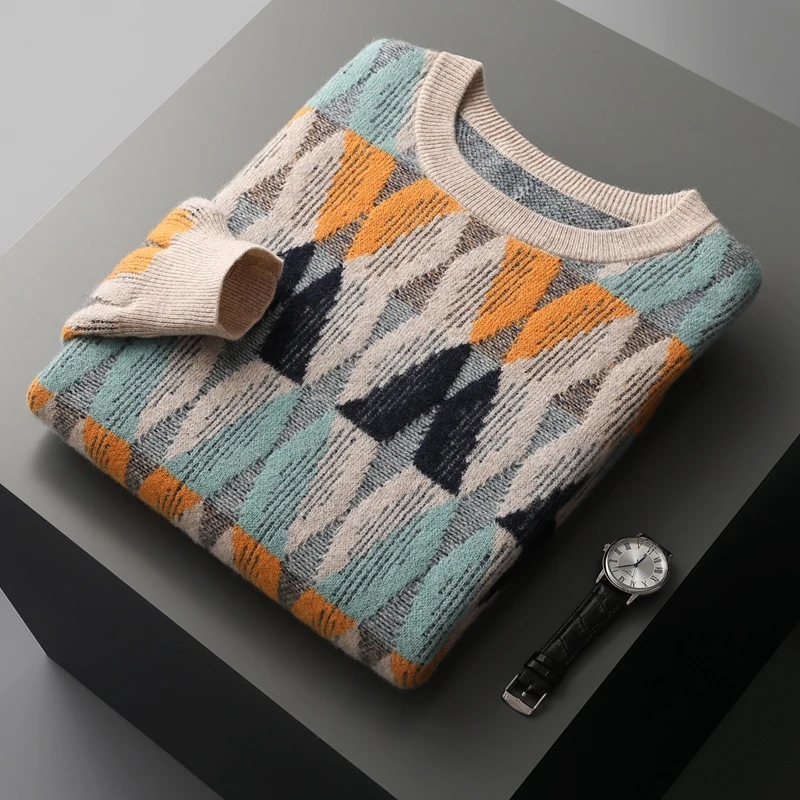 

Autumn/Winter 100% Merino Wool Knitted Jacquard Vintage Cashmere Sweater Men's O-Neck Pullover Casual Loose Large Thickened Top