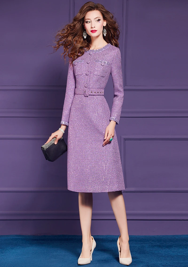 ZJYT Autumn Winter Long Sleeve Tweed Dresses for Women 2024 Elegant Purple Vintage Casual Plus Size Dress Female Vestidos Robe