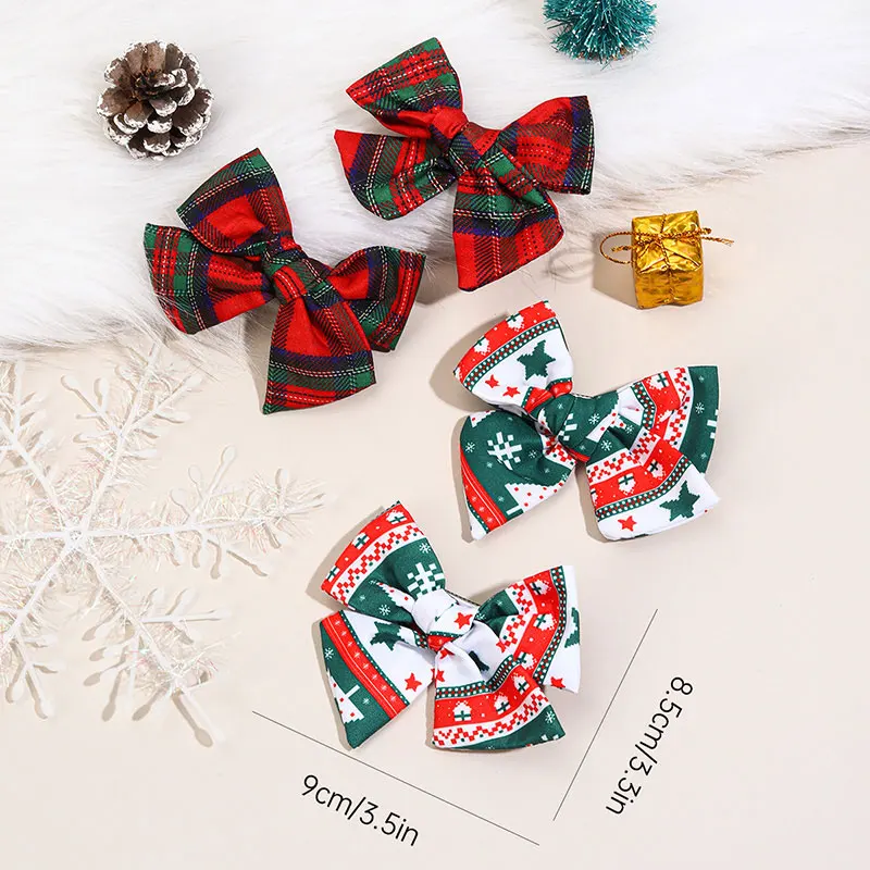 2PCS Vintage Christmas Plaid Hair Bow Clip For Girls Handmade Hairgrips Kids Hairpin Barrettes Children Headwear Accessories