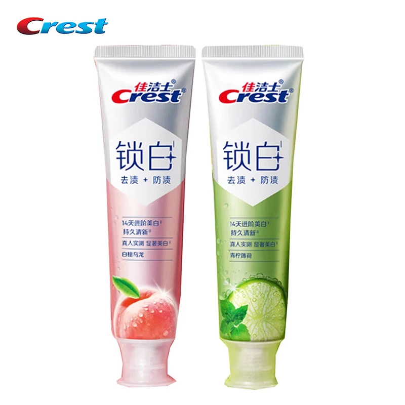 Pasta Dental Blanqueadora Crest White-Lock Dual-Essence con Flúor 120g, Eliminación y Prevención de Manchas Profundas, 12H Aliento Fresco