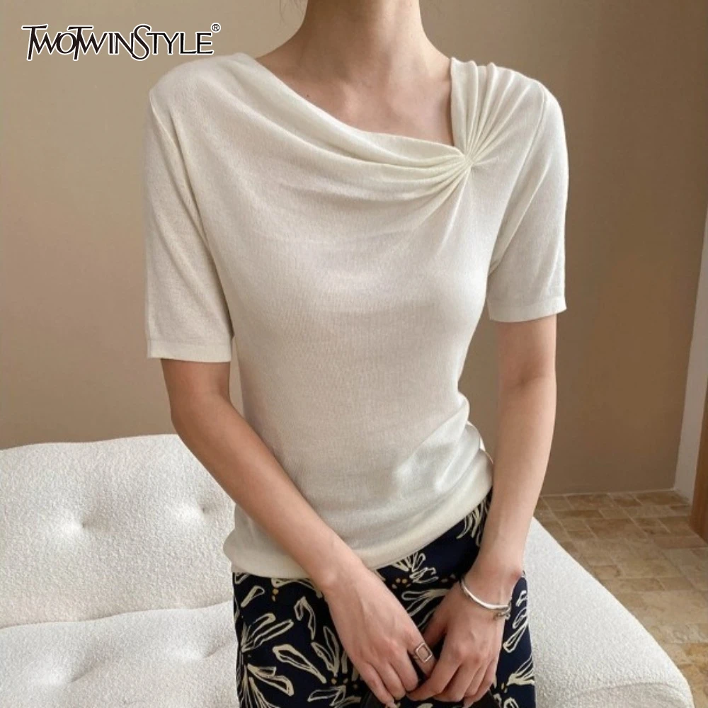 

TWOTWINSTYLE Solid Spliced Folds Slimming T Shirt for Women Irregular Neck Short Sleeve Temperament T Shirt Female Fashion