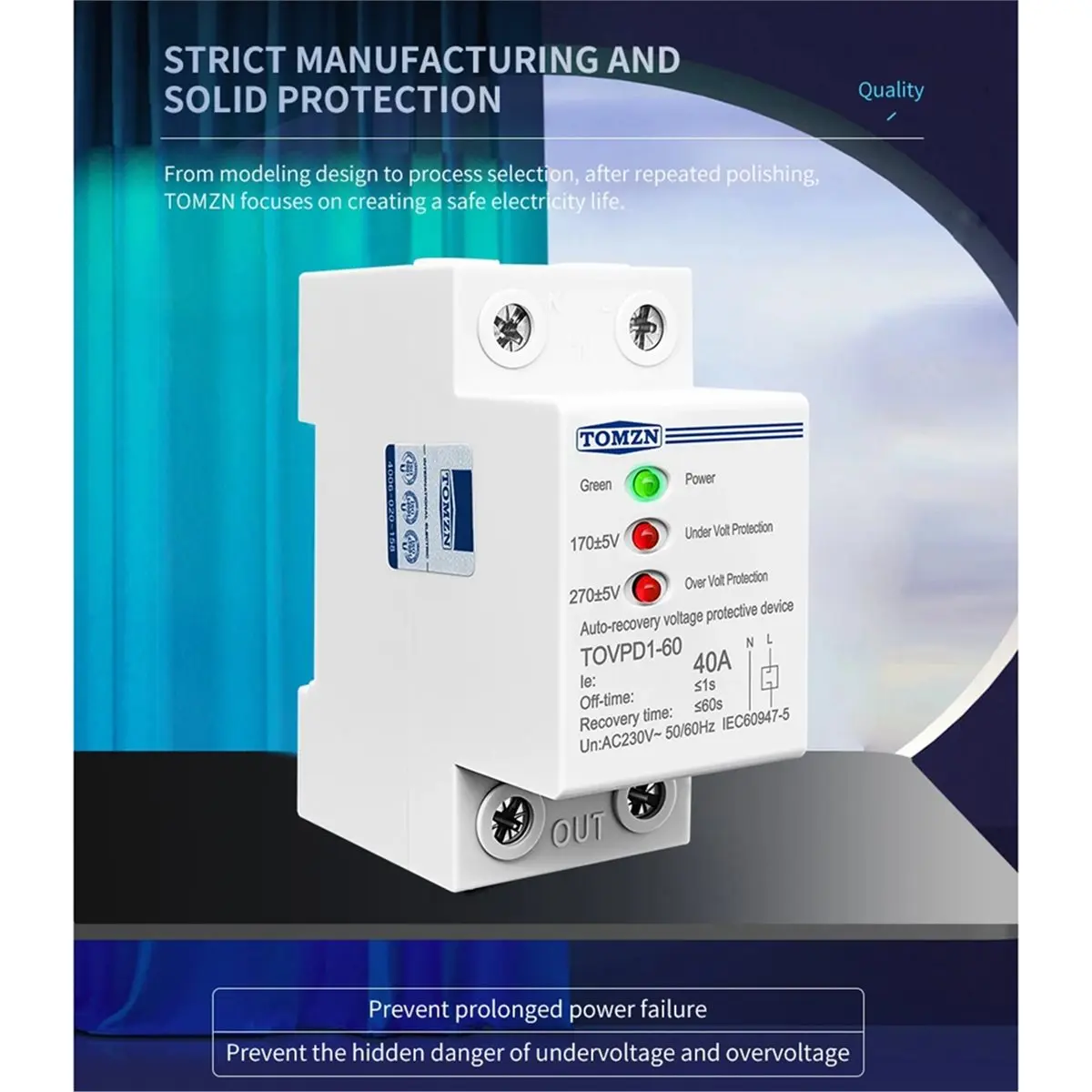 【A75T】 TOVPD1-60 DIN Rail 40A AC230V 3LED Auto Reconnect over/Under Voltage Protective Device Protector Protection Relay