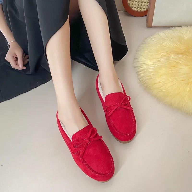 Winter Shoes Women Casual Flat Shoes Women\'s Moccasins Soft Loafers Fashion Comfort Warm Plush Bow Slip on Female Cotton Shoes