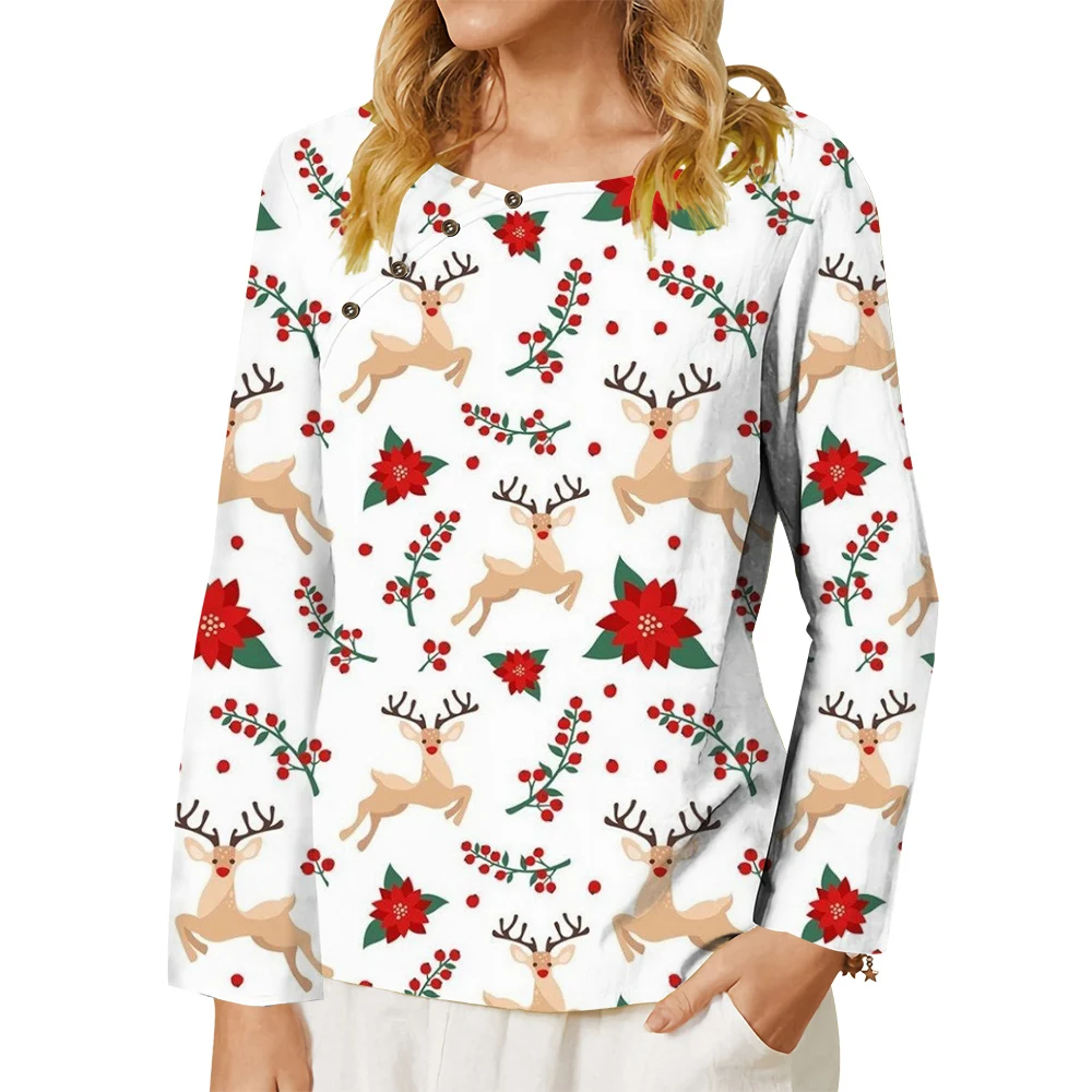 

CLOOCL Women Shirt Long Sleeve Tops Jumping Fawn Red Flowers Pattern 3D Print Buttons T-shirt Loose Blouse Christmas Clothing