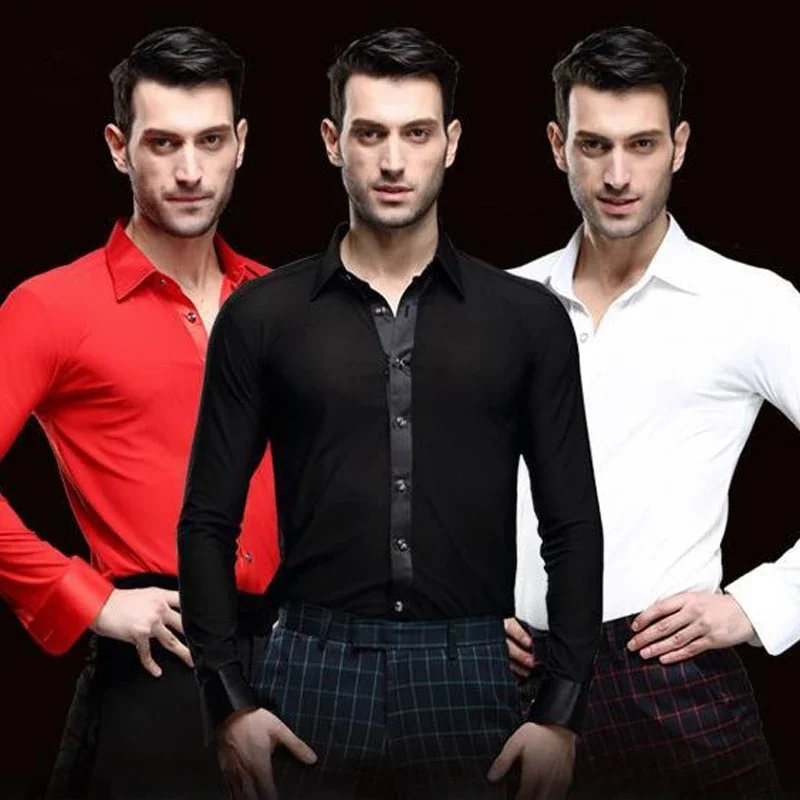 New men white dance shirt Competition Performance Ballroom Modern Salsa Tango Samba latin top men shirts boys dancewear