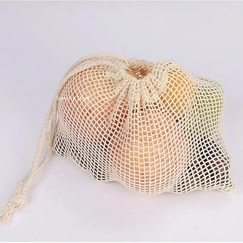 Cotton Mesh Vegetable Bags Produce Bag Reusable Cotton Mesh Vegetable Storage Bag Kitchen Fruit Vegetable with Drawstring Bag