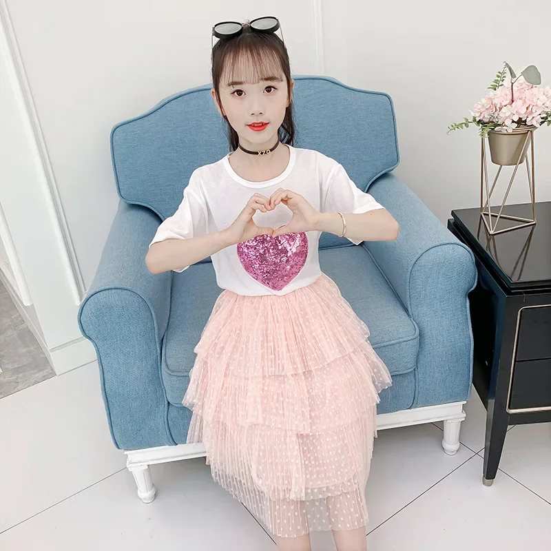 

Summer Kids Clothing Sets for Girls Cotton Heart T-shirt + Skirts 2pcs Outfits School Children's Clothes Suit for Girls 3-12 Yrs