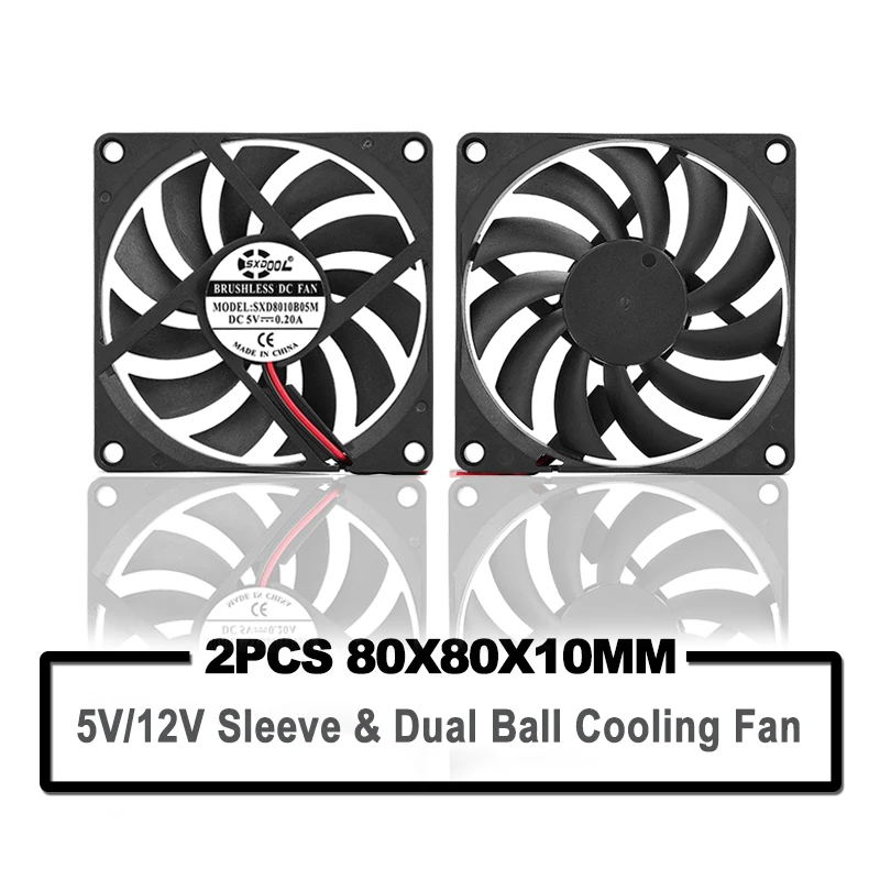 SXDOOL-Slim Brushless DC Cooling Fan, Computador Case Cooler, PC CPU, 80mm, 10mm, 80x80x10mm, 8cm, 5V, 8010, 2PIN, bola dupla, 2 PCes