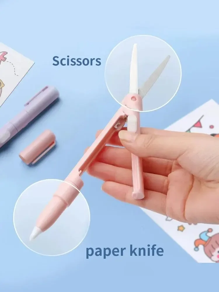 1pc Mini Portable Scissors Paper Cutter Knife 2 In 1 Multifunctional Pocket Pen Shape Scrapbooking Carving Cutting Art Tools