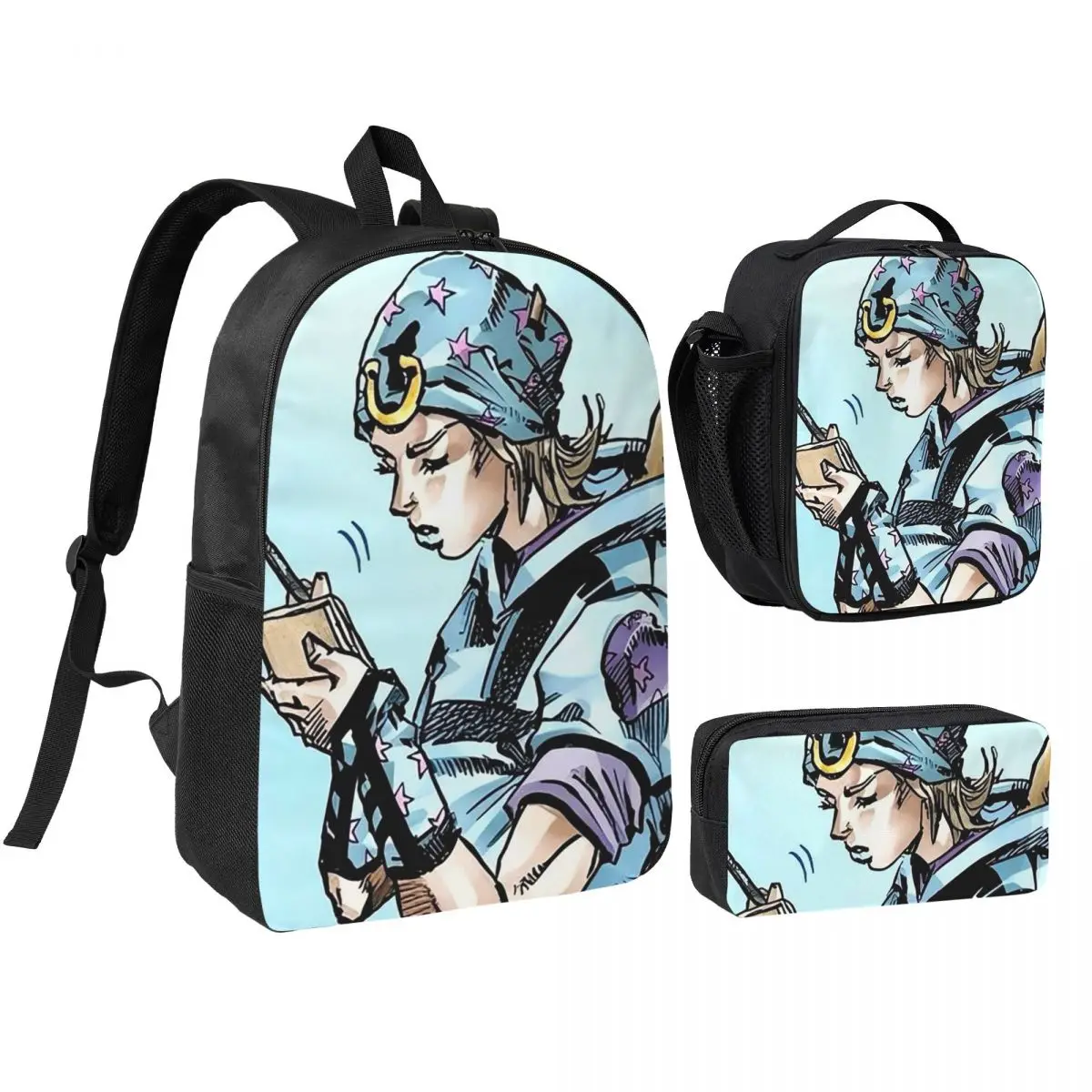 Anime Johnny Joestar JoJo's Bizarre Adventure Backpack BookBag School Bag Shoulder Bags 3ps Insulated Lunch Bag Pencil Case