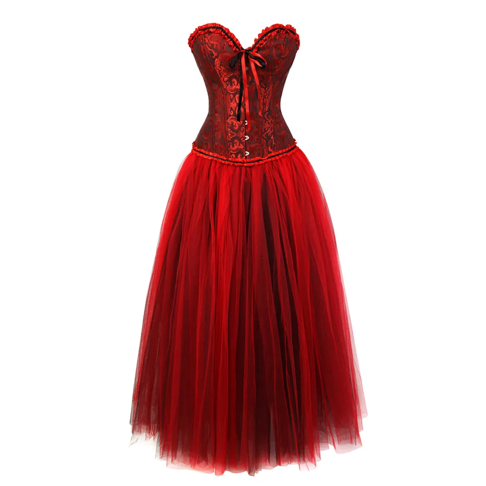 Red Corset Dress Vintage Palace Jacquard Bustiers Ribbon Lace with Long Tulle Skirt Dance Carnival Party Dresses Corselet S-6XL