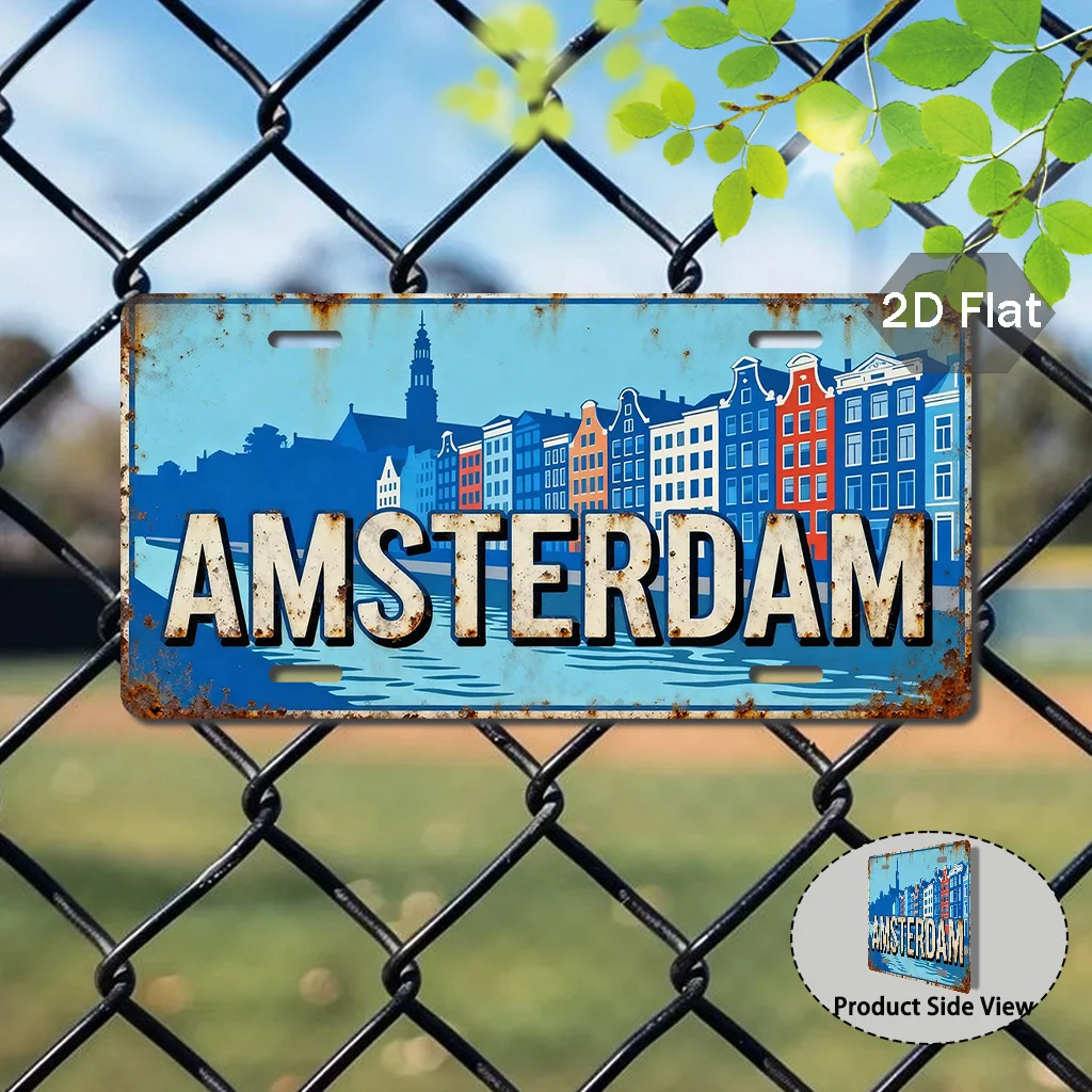 1pc Heavy-Duty Aluminum Amsterdam License Plate Sign – Vintage Dutch Travel Decor with Dam Square, Red Light District & Canal Ho