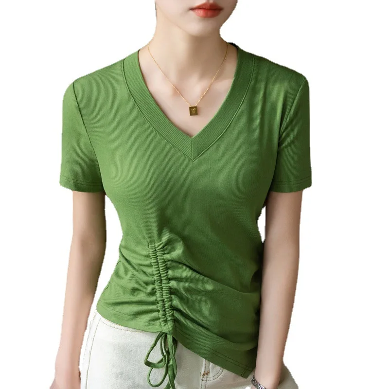 Boweylun 여성용 드로스트링 플리츠 반팔 티셔츠, 부드러운 통기성 와이드 사이드 스레드, V넥 허리 탑, 레트로 신상, 여름