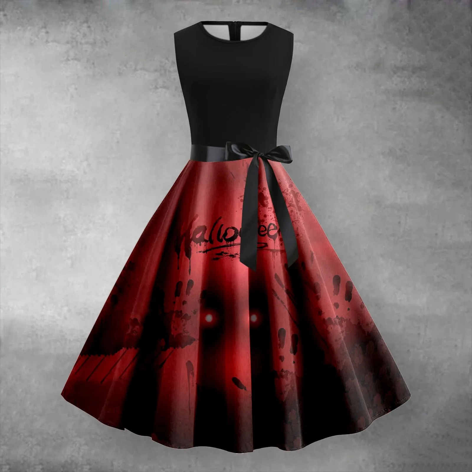 Retro Cherry Print Black Lace Patchwork Summer Vestidos Women 2024 Halloween O-Neck Sleeveless Rockabilly Party Vintage Dresses