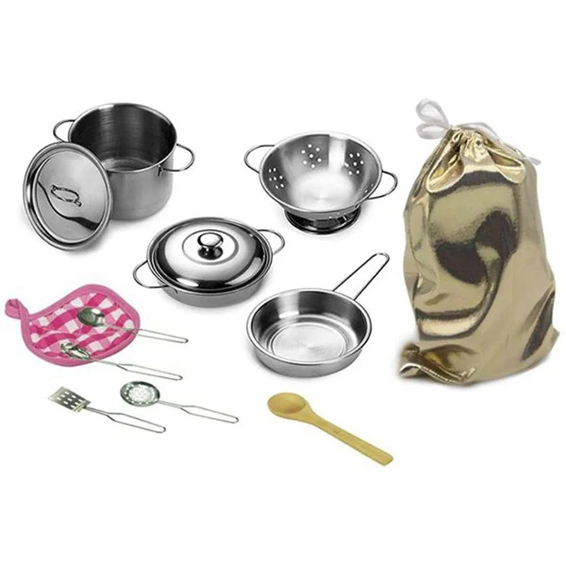 12 Pieces Pots and Pans Toys Simulation Stainless Steel Toys Play Pots and Pans Toy Set Kitchen Play Set for Children