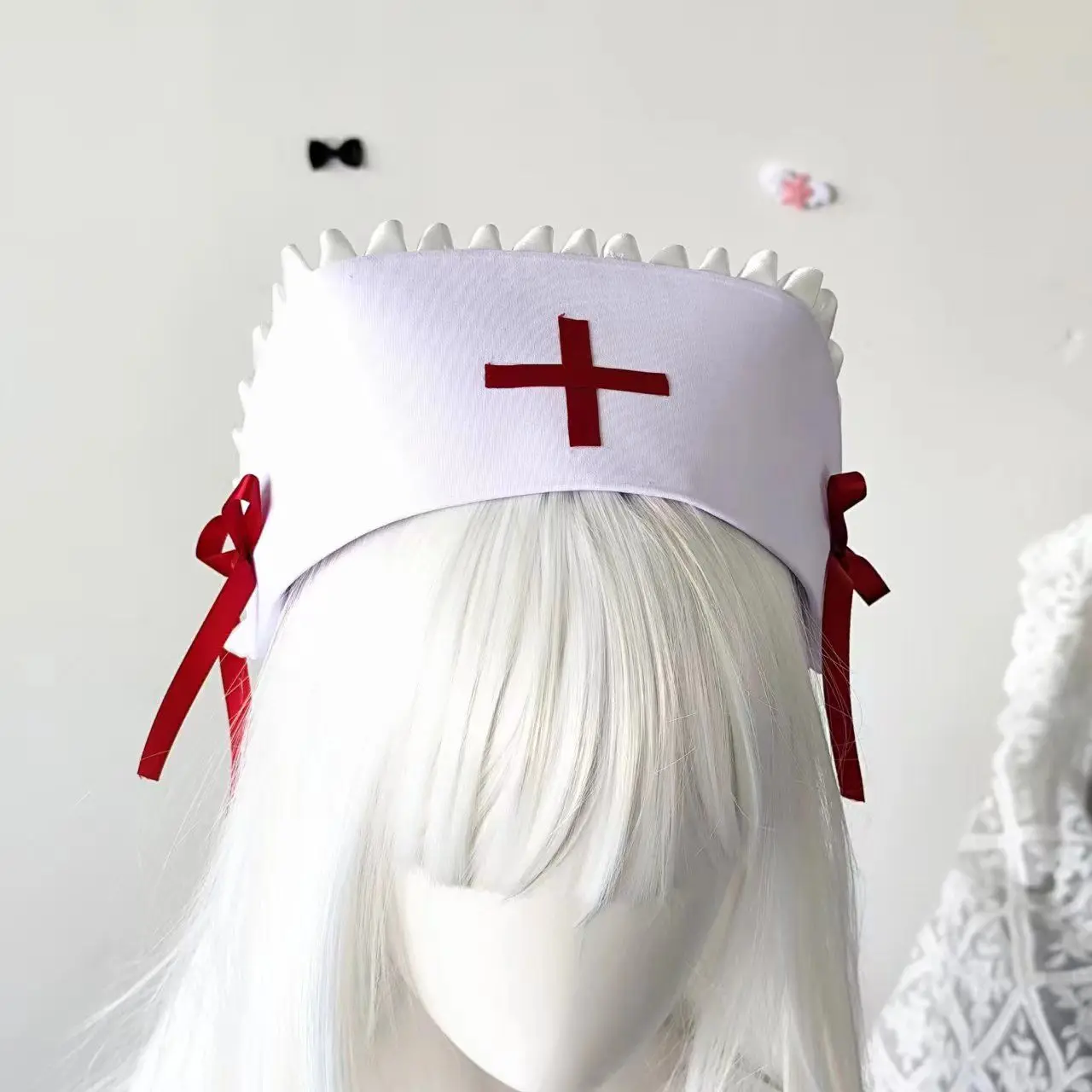 Handmade Subculture Gothic Dark Punk Y2K Girl Nurse Hat Sweet Lace Bow Medical Nurse Hat Halloween Cosplay Photo Prop Hat