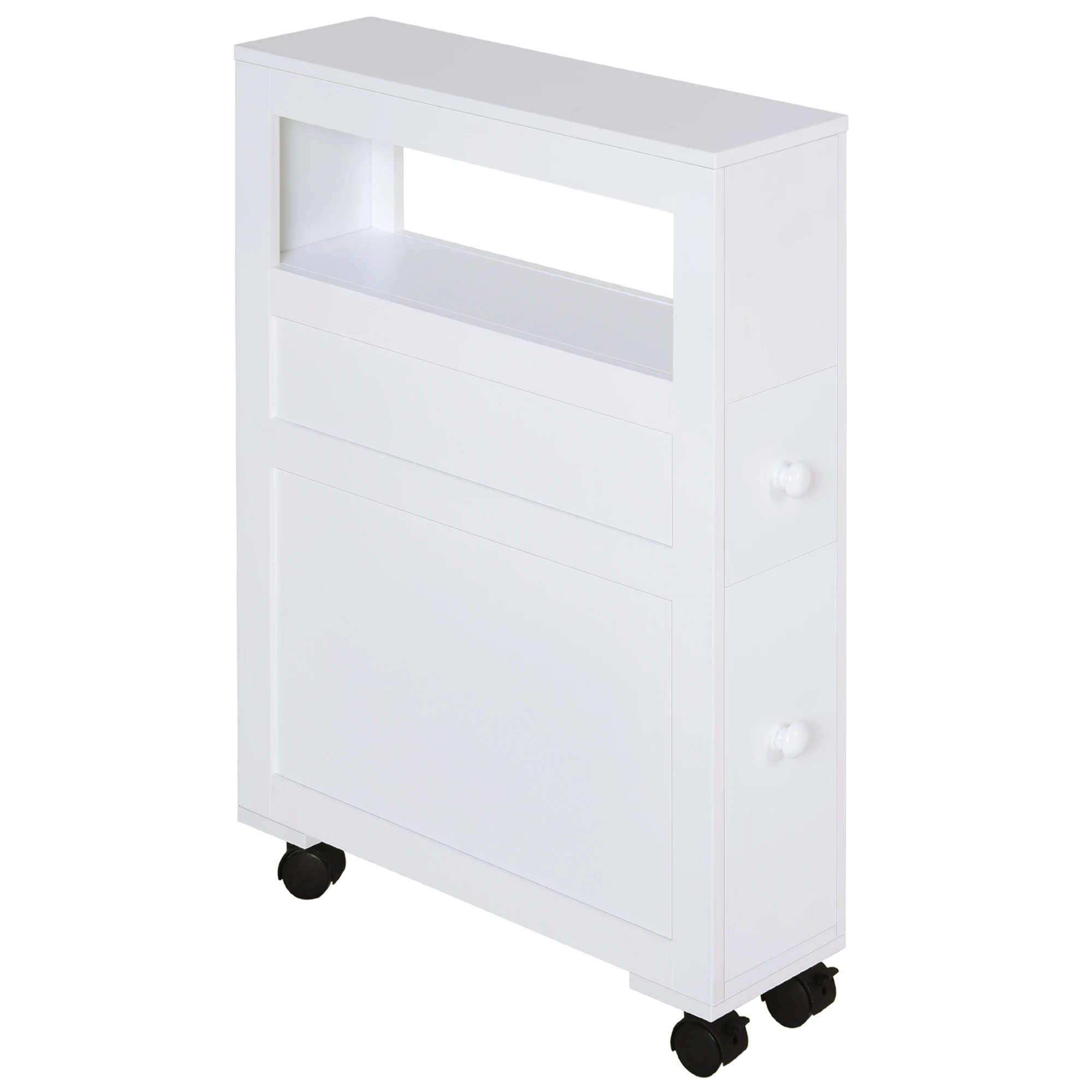 HOMCOM 6.25" x 20.5" x 28.25" Wood Rolling Narrow Bathroom Side Storage Cabinet - White