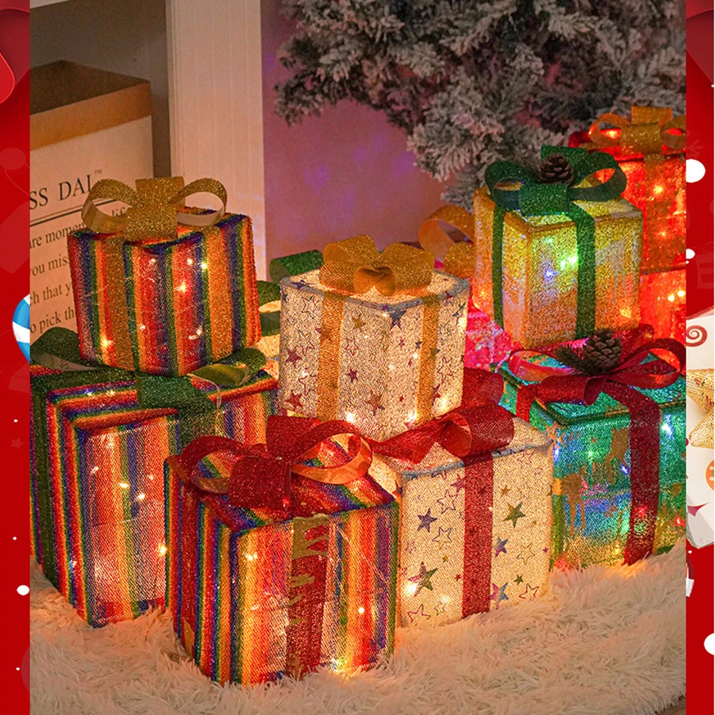 3PCS LED Christmas Lighted Boxes Outdoor Garden Lawn And Porch Decoration With Festive Elk And Snowflake For Holiday Celebration