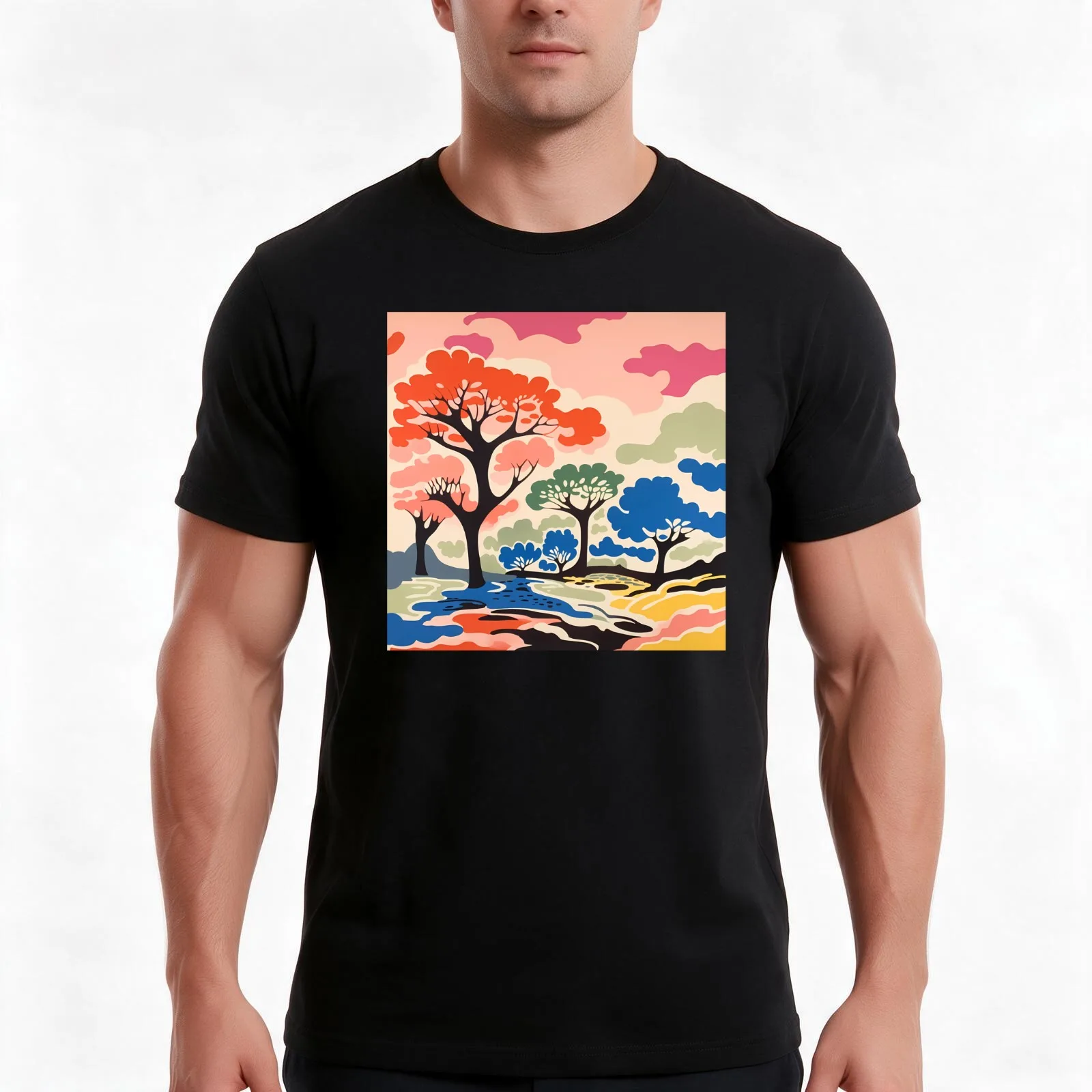 T-shirt aux motifs colorés de arbres et de nuages, style original et coloré, t-shirt décontracté en coton pour l’été, haut ample de style streetwear, 100 % coton.