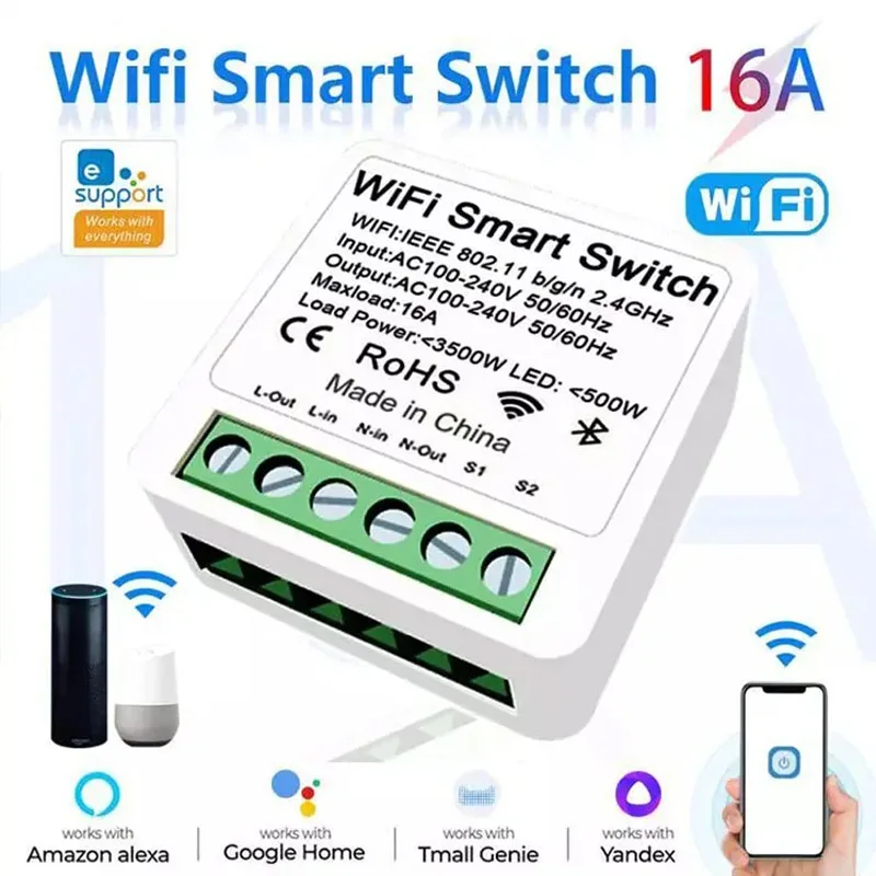 16A WIFI Smart Switch Module Mini DIY Switches EWeLink APP Remote Control Timer Relay Alexa Google Smart Home Life Voice Control