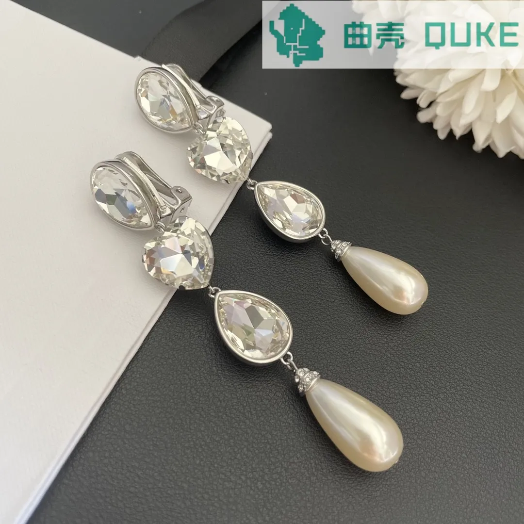 French crystal pearl long ear clip for women with light luxury temperament, high-end , fashionable and niche design sense