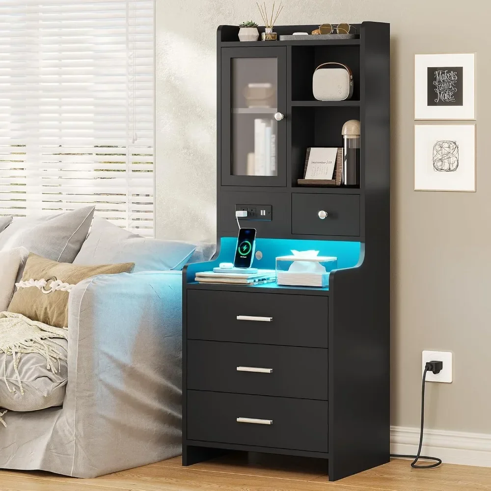 Black Night Stand   with Charging Station,49.2" LED Nightstand for Bedroom,Tall Bedside Table with Bookshelf and Drawers image 6