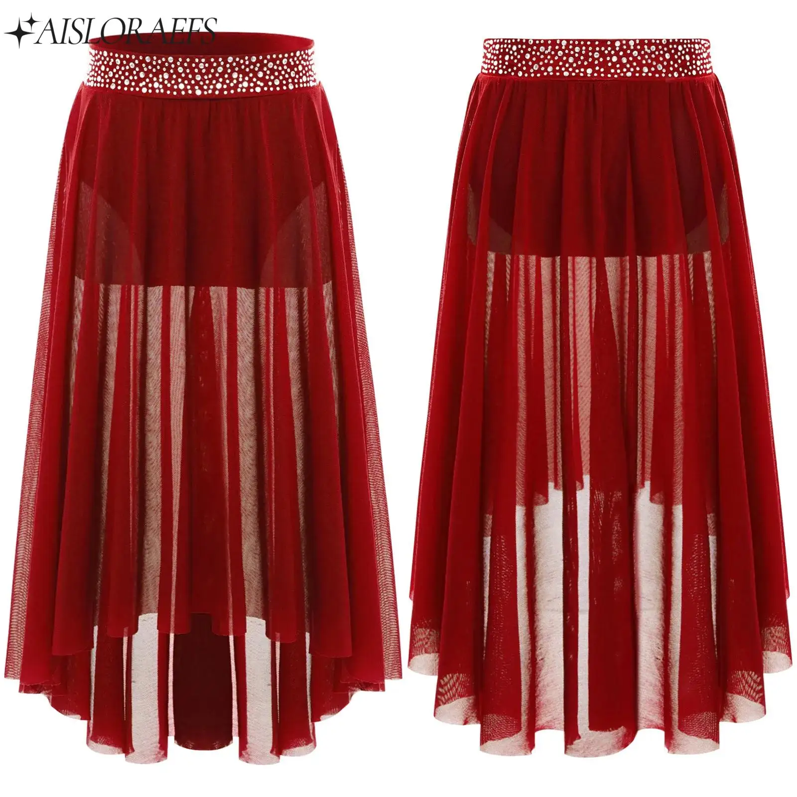 Saias de dança lírica com strass brilhantes para crianças meninas louvor moderno e contemporâneo roupas de desempenho saias de malha irregular