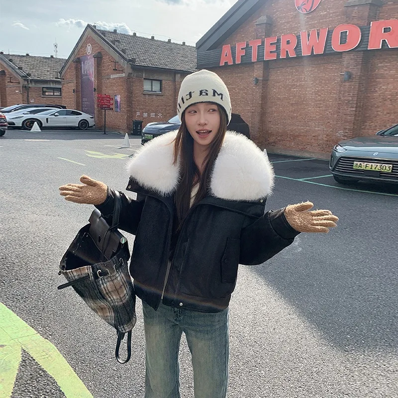 Big Fur Collar Women's Cotton Clothing Fashion Long Sleeved Patchwork Suede Jacket Autumn Winter Casual Short Quilted Coat