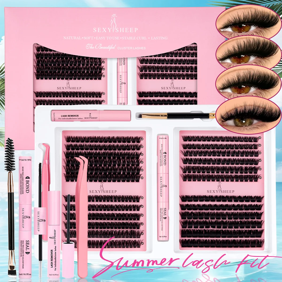 Kit de cils en grappes, cils épais 10-20 mm avec colle et fixateur pour cils et pince à cils, tenue forte, kit d'extension de cils DIY, maquillage