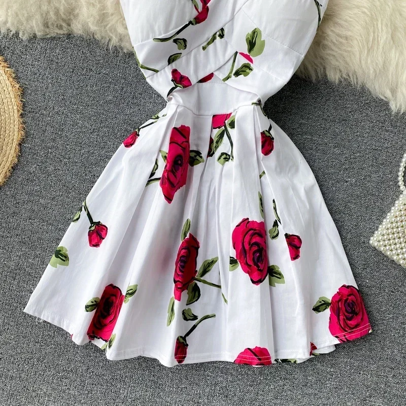 Women\'s Summer Dress French Retro V-neck Print Sleeveless Short Suspender Dress New Waist Slim Feamle Dresses DE673