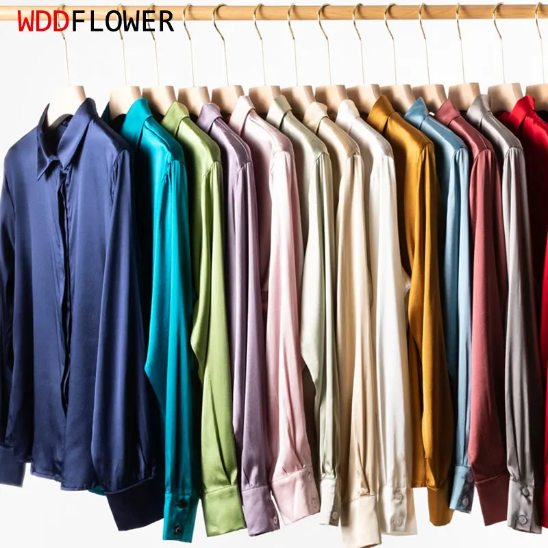 93% jedwab 7% Spandex 19 momme satynowe jedwabne guziki koszula z puchowa, długa rękawem bluzka praca w biurze M L XL MM161