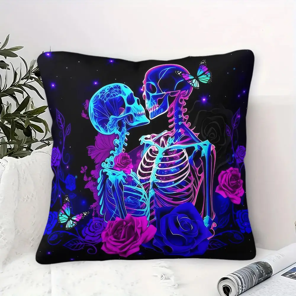 Neon Skeleton Couple Rose Butterfly Print Throw Pillow Cushion Accent Pillow 45×45cm Includes Pillow Core Gothic Dark Room Decor